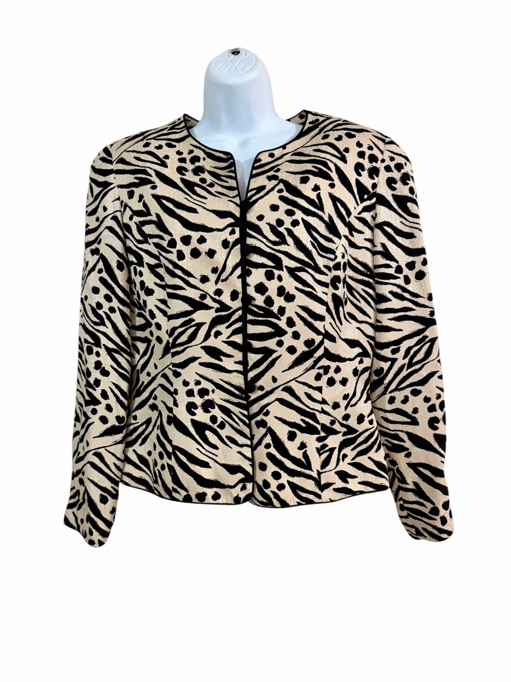 Vintage Black Cream Zebra Pattern Silk Collarless Blazer Jacket Size 8 Animal Pr